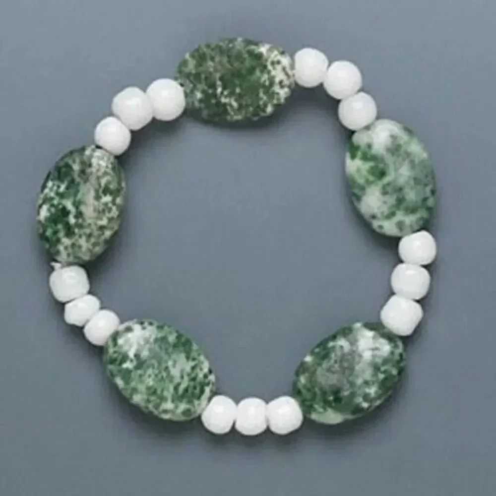 Green Tree Agate White Glass Chunky Gemstone Bracelet Small Size
